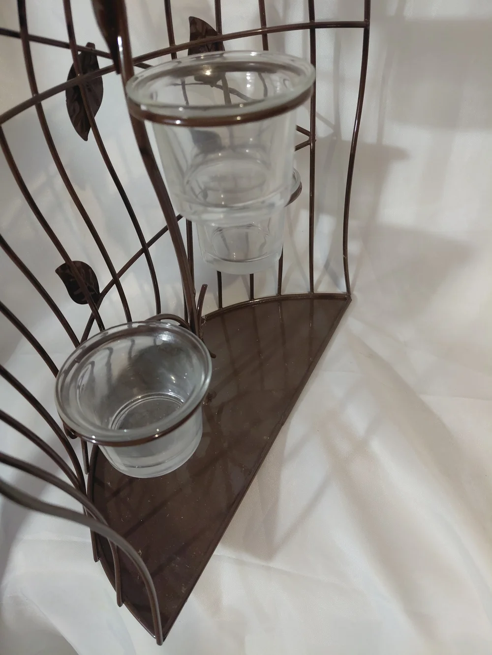 Decorative Brown Metal Birdcage Wall Shelf with Leaf Motif